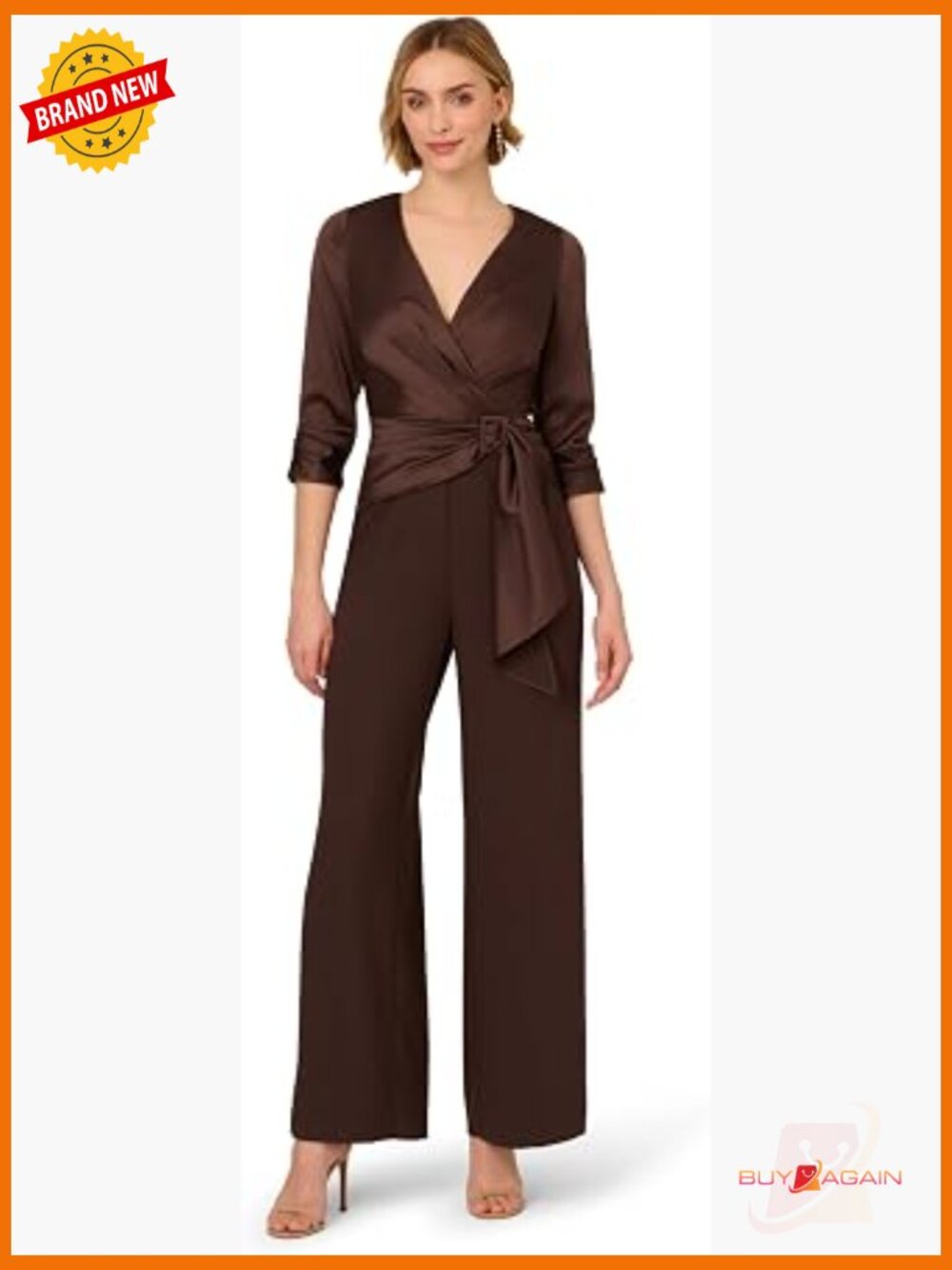 Satin Crepe Jumpsuit Surplice Neck 3/4 Sleeve Wide Leg Zip Back